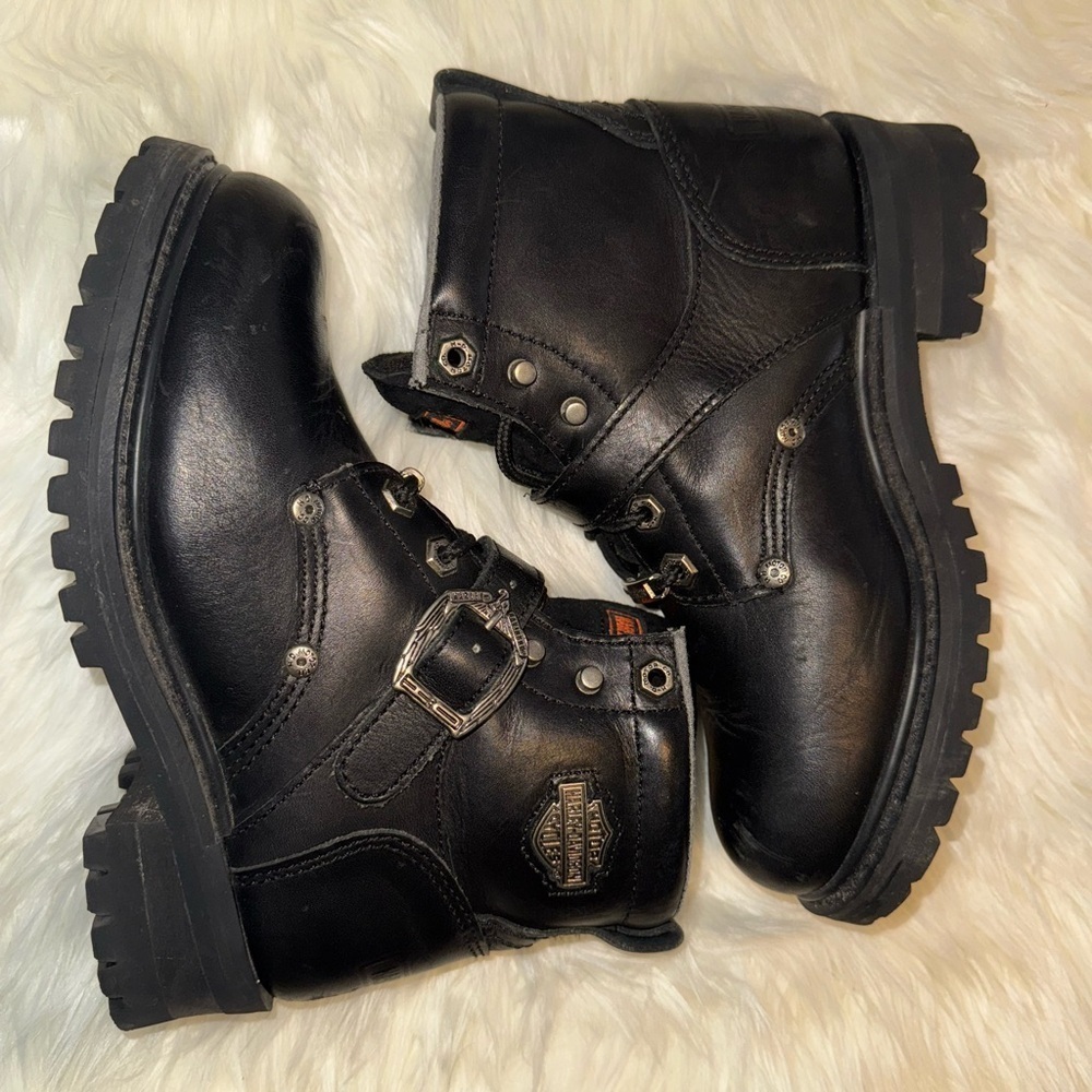 Harley Davidson 7 Black Hi Top Boots Leather Buckle Lace Up 81024 FADED GLORY 6” - Picture 3 of 6